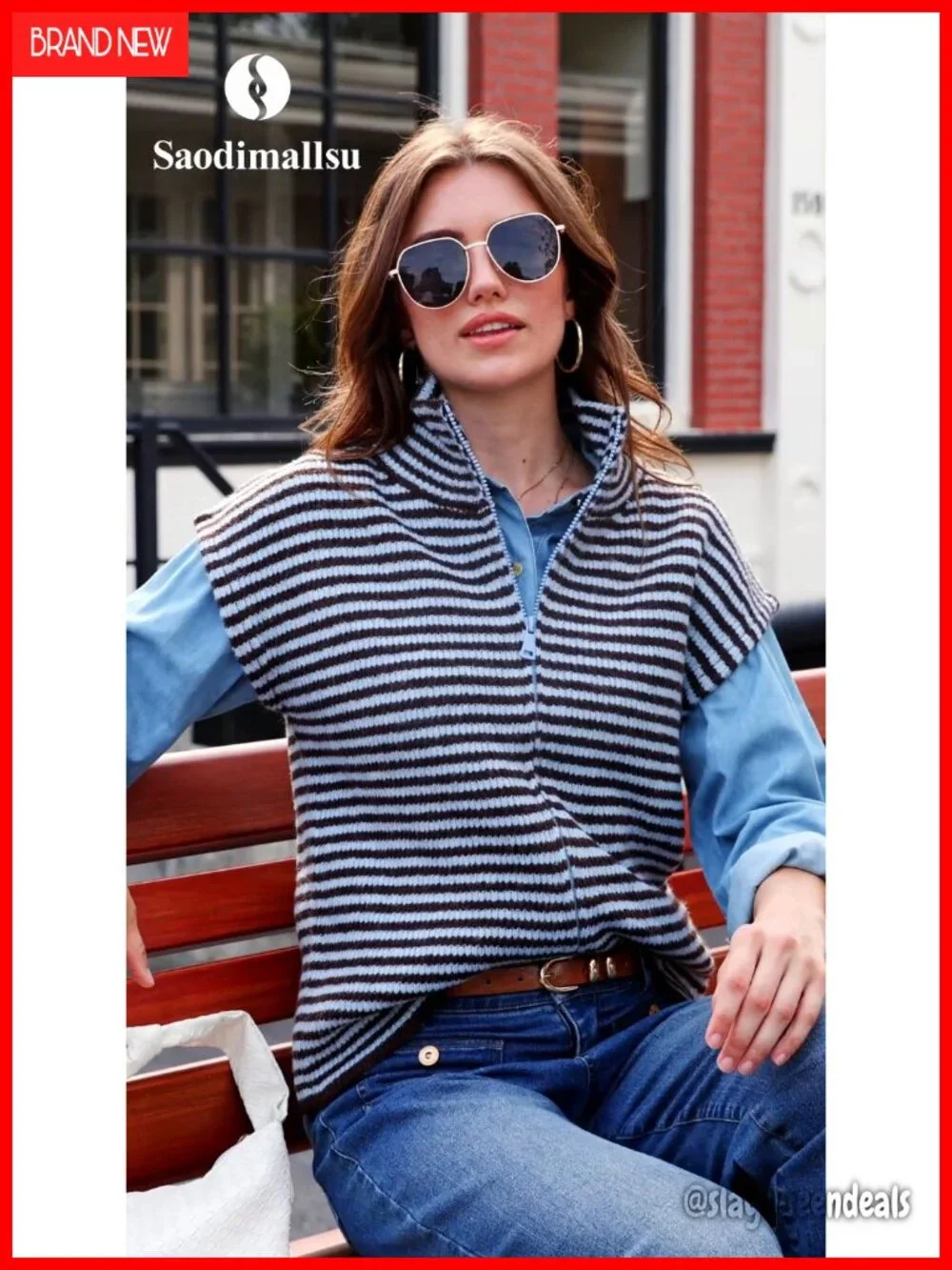 Women's Striped Zip Up Cardigan Sweater Mock Neck Cap Sleeve Knit Vest